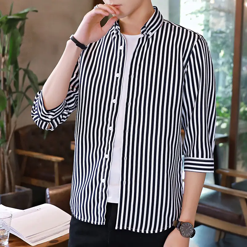 Men's Black & White Striped Long Sleeve Shirt 3/4 Sleeve - Image 8