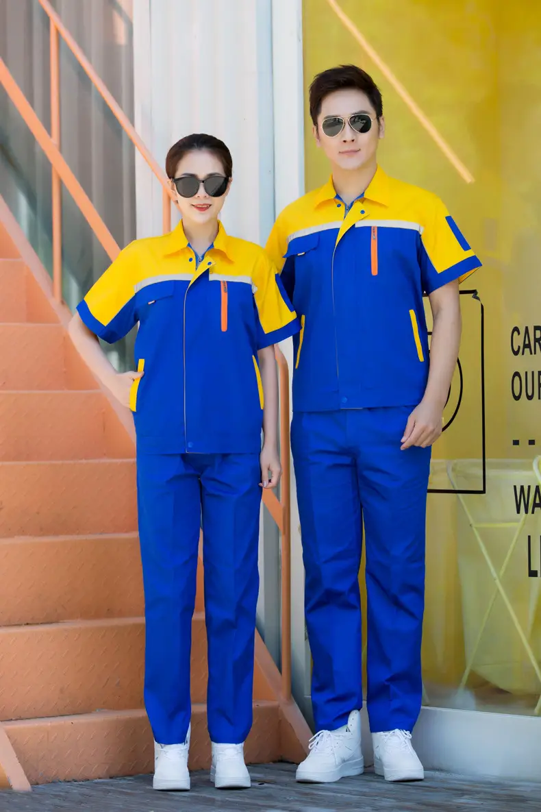 Printed Spliced Summer Work Suit Blue Yellow — feature 11