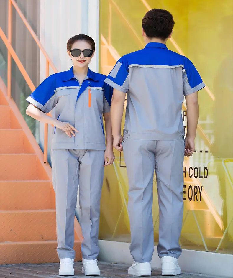 Printed Spliced Summer Work Suit Blue Yellow — feature 4