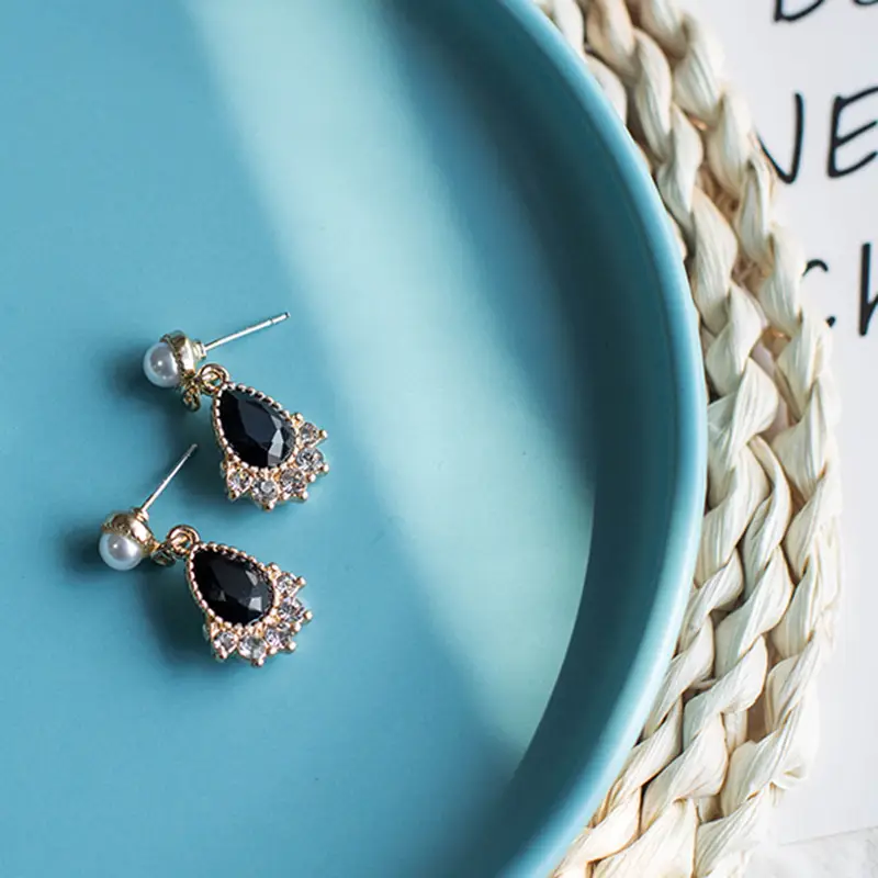 Silver Pearl Drop Earrings Black Diamond Retro Style 232 - Image 2