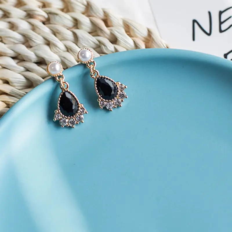 Silver Pearl Drop Earrings Black Diamond Retro Style 232 - Image 3