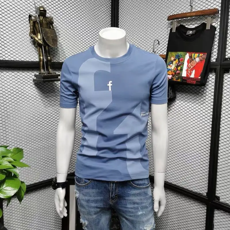 Men Slim Fit Printed T-Shirt Blue Gray Casual Wear