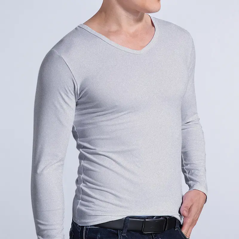 Men V-Neck Long Sleeve T-Shirt Grey - Image 5
