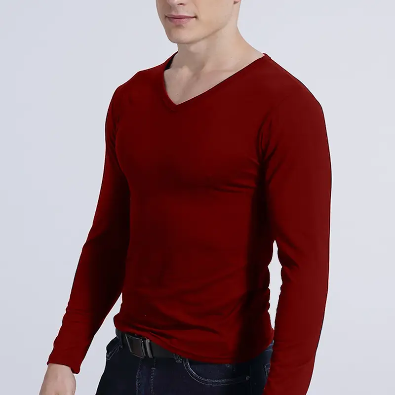 Men V-Neck Long Sleeve T-Shirt Grey - Image 4