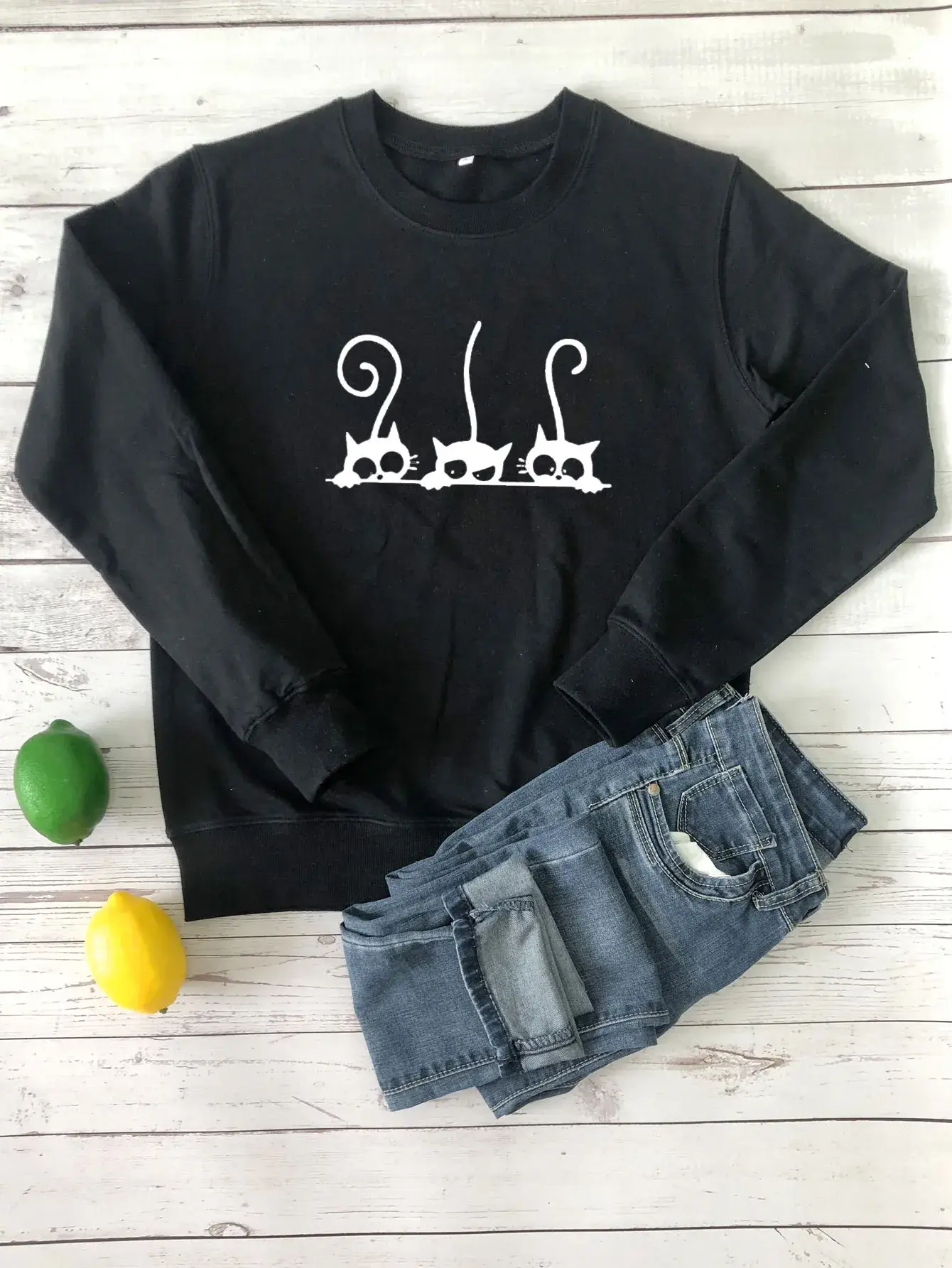 Black Crewneck Sweater with Cat Print - Image 2