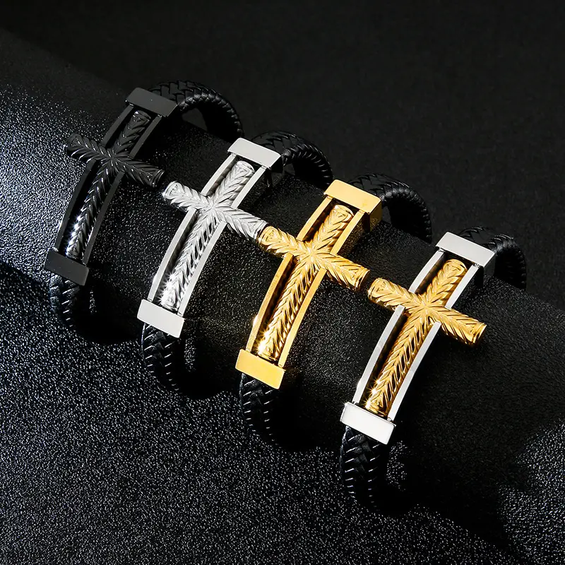 Black Punk Cross Braided Leather Bracelet for Men - Image 6