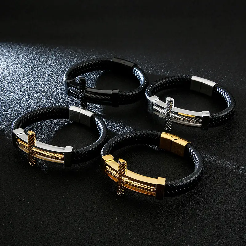 Black Punk Cross Braided Leather Bracelet for Men - Image 7