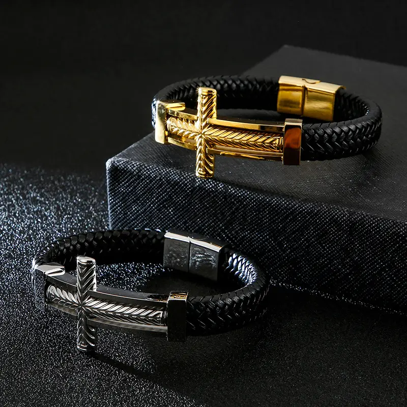 Black Punk Cross Braided Leather Bracelet for Men - Image 8