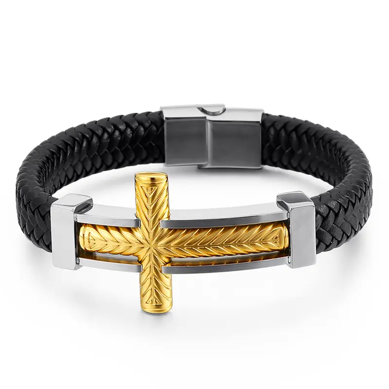 Black Punk Cross Braided Leather Bracelet for Men - Image 9