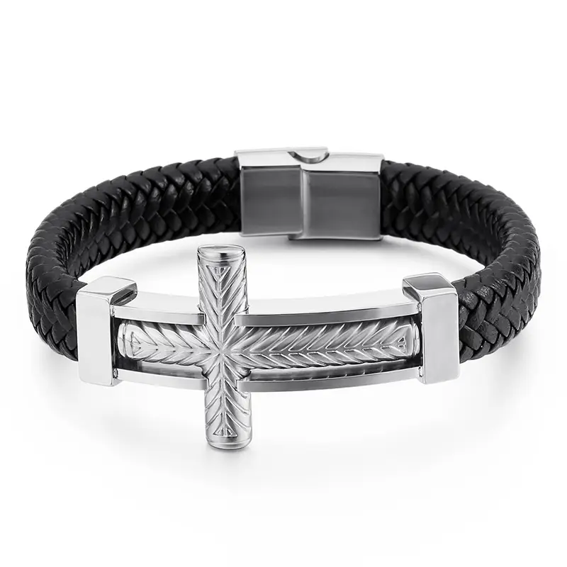 Black Punk Cross Braided Leather Bracelet for Men - Image 2