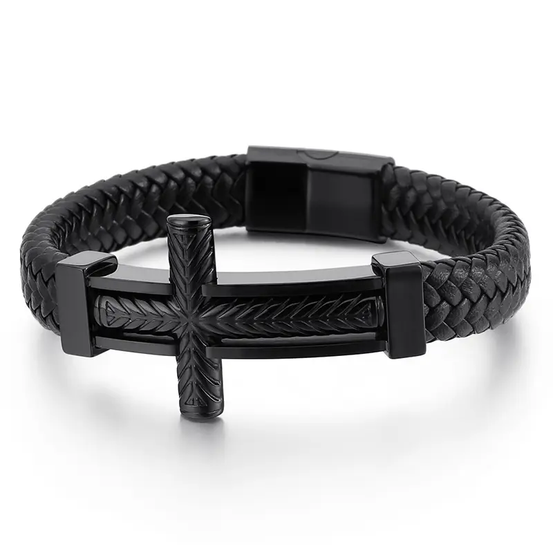 Black Punk Cross Braided Leather Bracelet for Men - Image 3