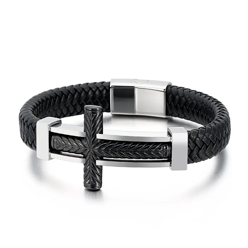Black Punk Cross Braided Leather Bracelet for Men - Image 4