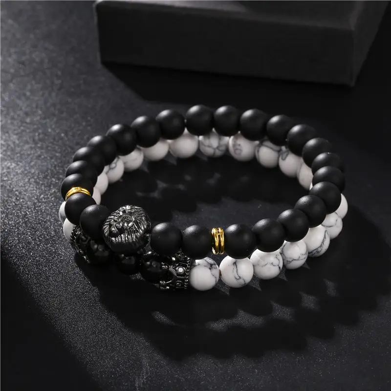 Black Frosted Stone Crown Lion Head Bracelet Set