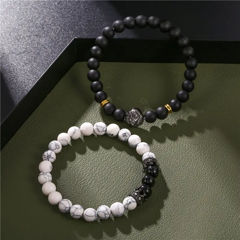Black Frosted Stone Crown Lion Head Bracelet Set