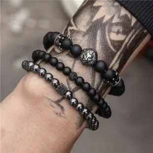 Black Frosted Stone Crown Lion Head Bracelet Set — feature 12