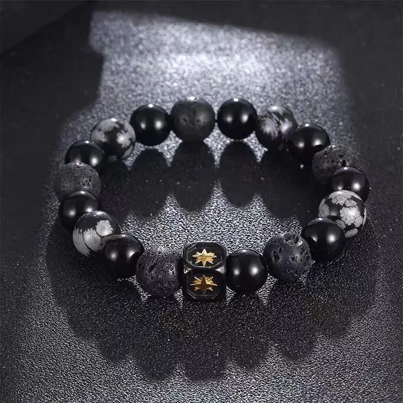 Black Frosted Stone Crown Lion Head Bracelet Set