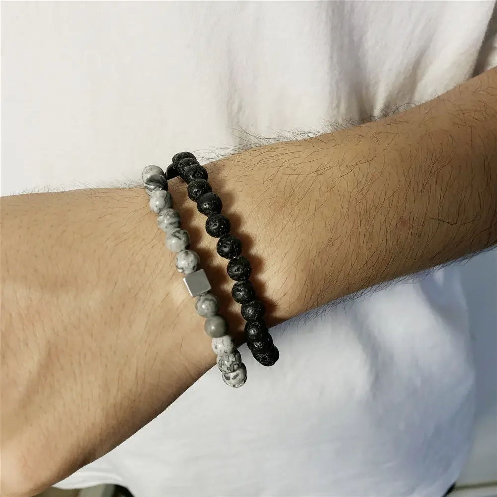 Black Frosted Stone Crown Lion Head Bracelet Set
