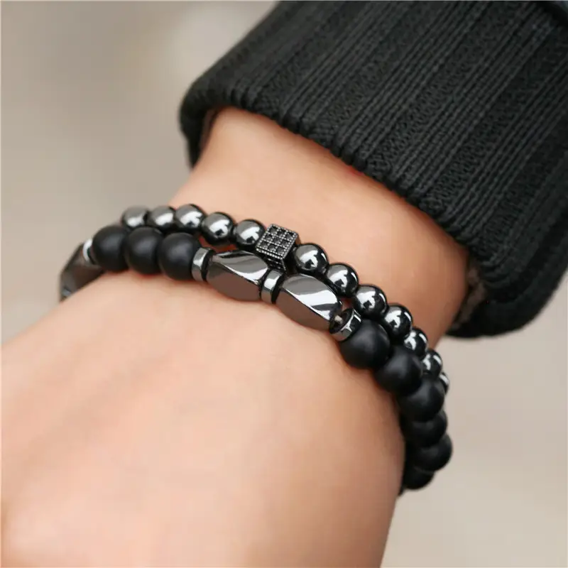 Black Frosted Stone Crown Lion Head Bracelet Set