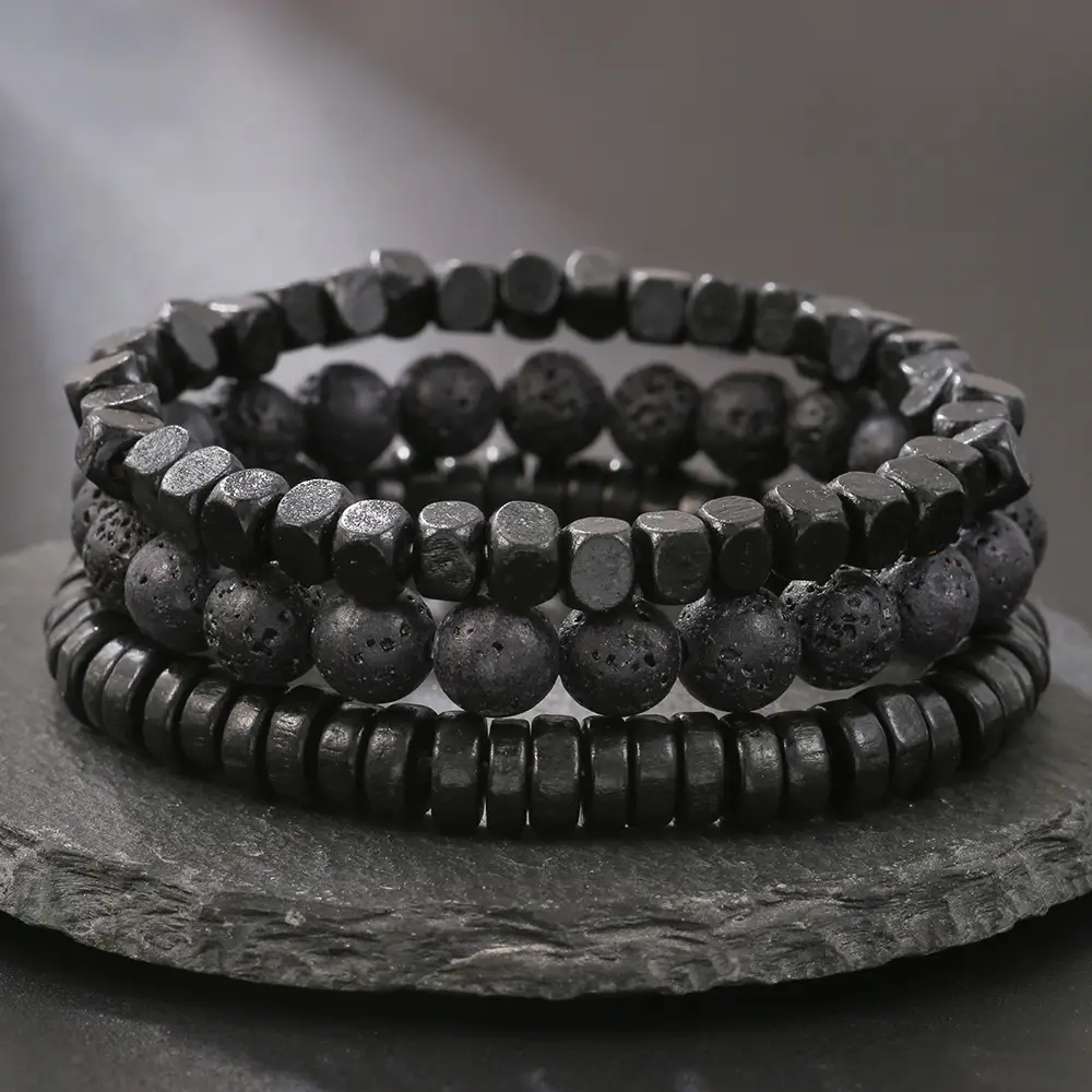 Black Frosted Stone Crown Lion Head Bracelet Set