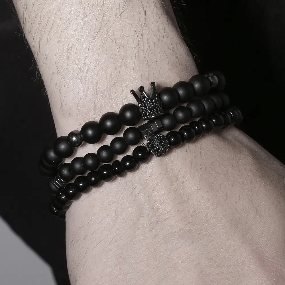 Black Frosted Stone Crown Lion Head Bracelet Set