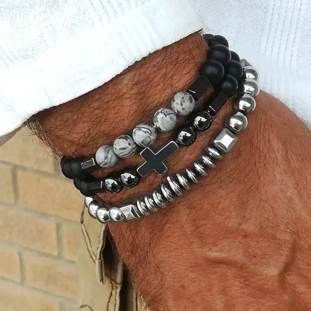 Black Frosted Stone Crown Lion Head Bracelet Set