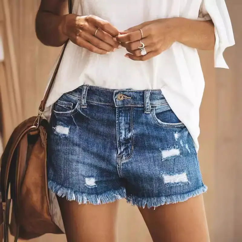 Ripped Fringe Denim Shorts Women High Waist Slimming - Image 5