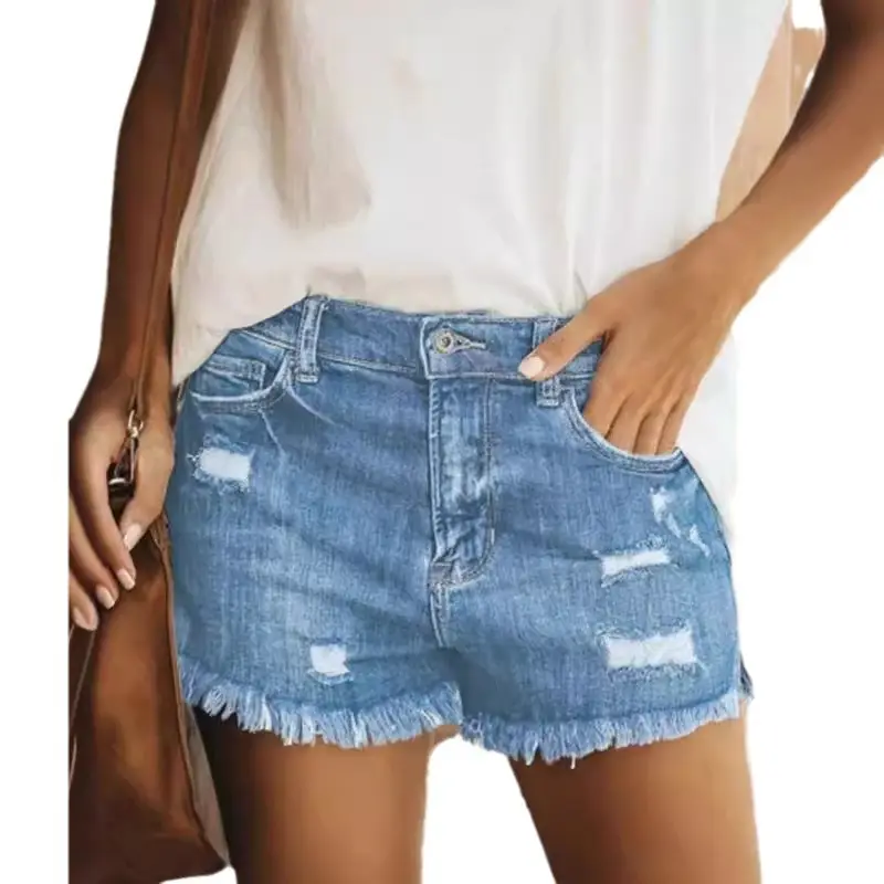 Ripped Fringe Denim Shorts Women High Waist Slimming - Image 7