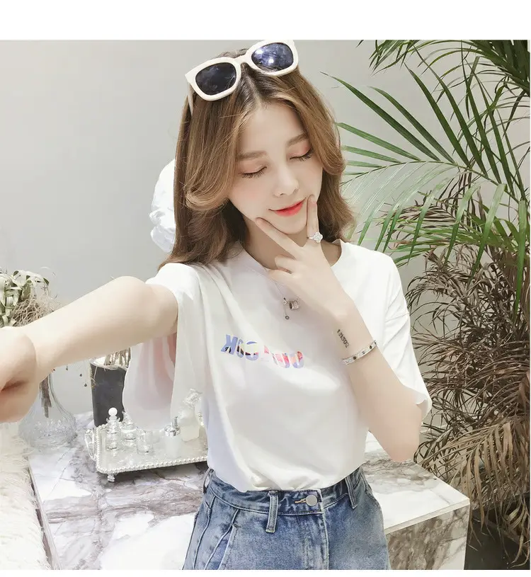 Women White Loose T-Shirt Korean Style 2025 - Image 2