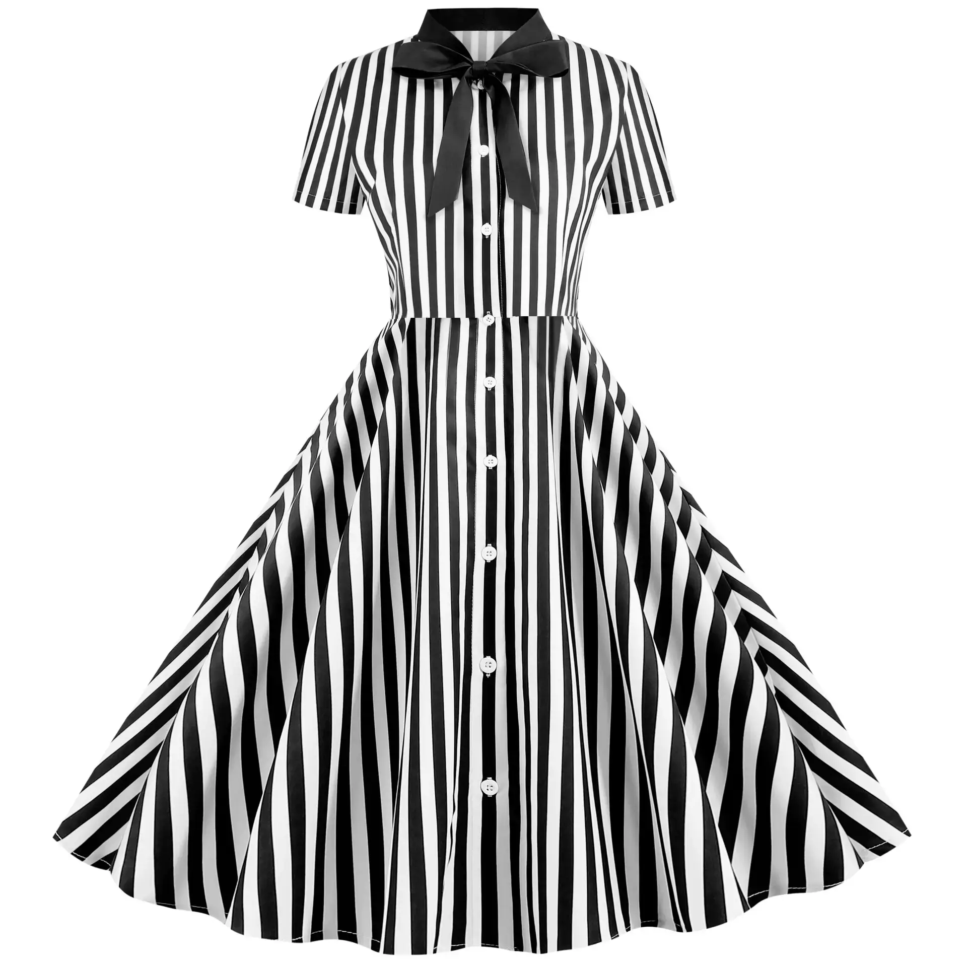 Black Striped Hepburn Style Dress for Women - Image 6