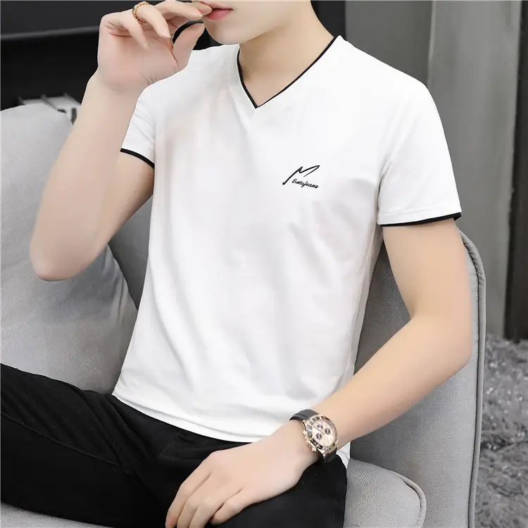 Men Cotton V Neck T-Shirt Pink Short Sleeve - Image 6