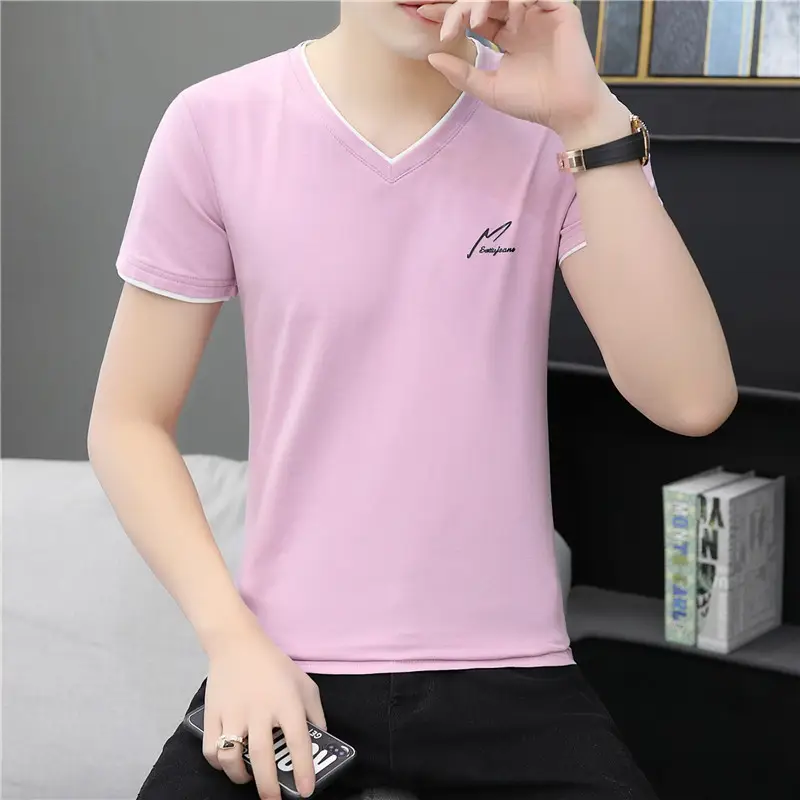 Men Cotton V Neck T-Shirt Pink Short Sleeve - Image 7