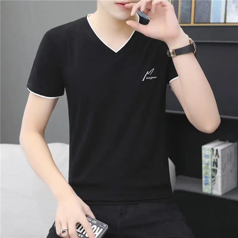 Men Cotton V Neck T-Shirt Pink Short Sleeve - Image 8