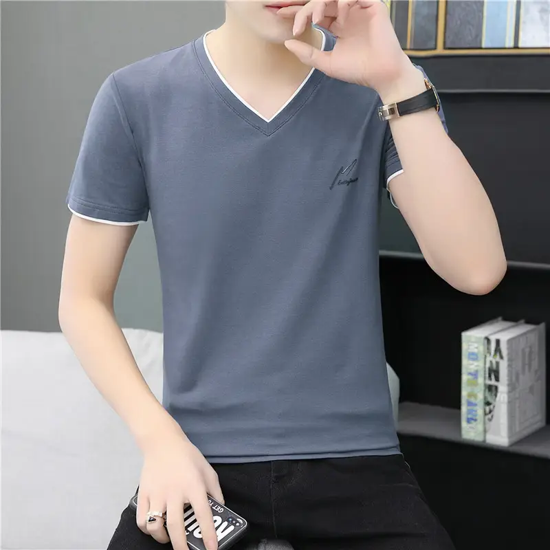 Men Cotton V Neck T-Shirt Pink Short Sleeve - Image 9