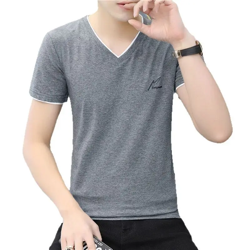 Men Cotton V Neck T-Shirt Pink Short Sleeve - Image 10