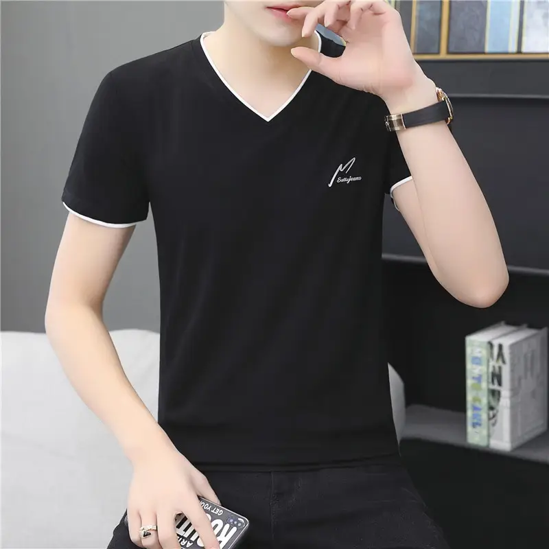 Men Cotton V Neck T-Shirt Pink Short Sleeve - Image 3