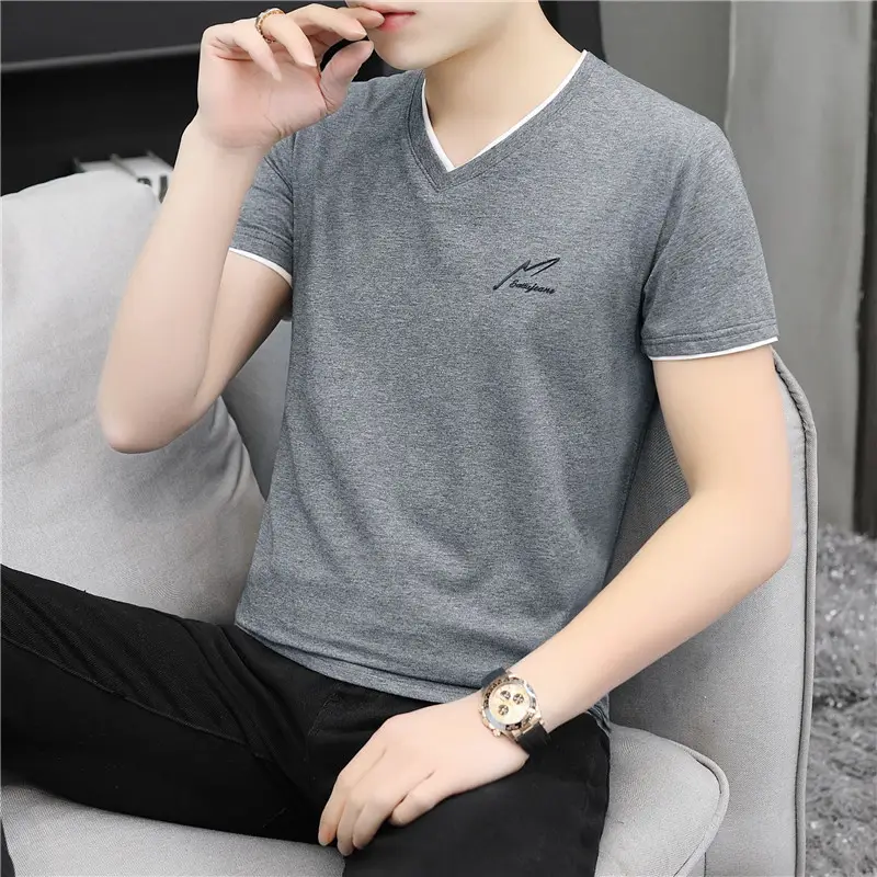 Men Cotton V Neck T-Shirt Pink Short Sleeve - Image 4