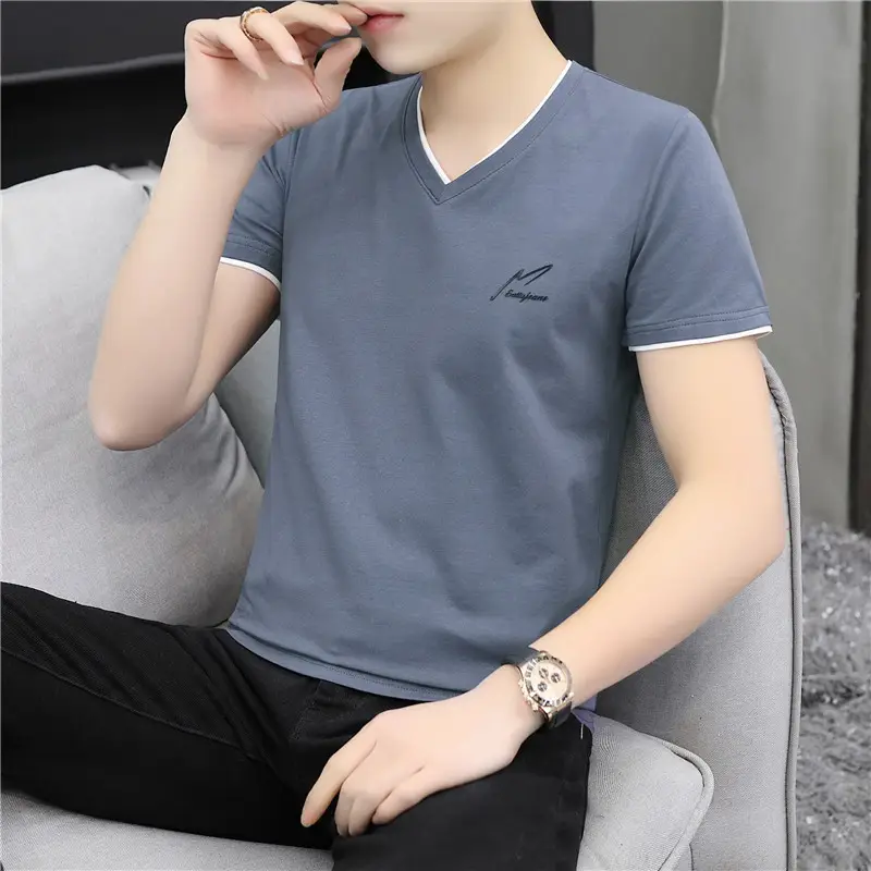 Men Cotton V Neck T-Shirt Pink Short Sleeve - Image 5