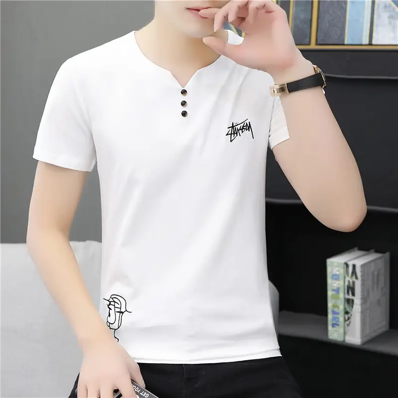 Men V-Neck Embroidered T-Shirt White Grey