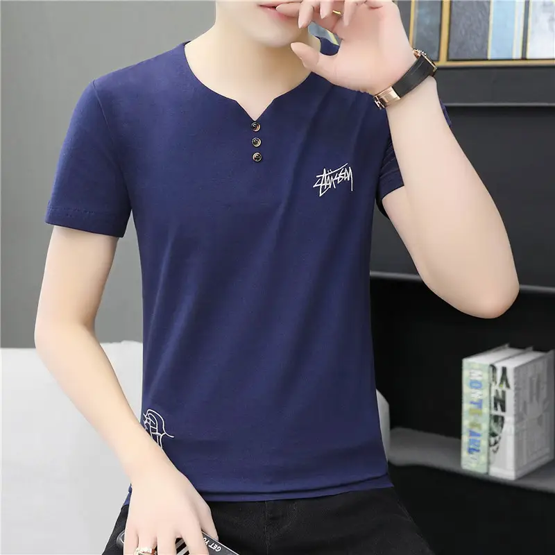 Men V-Neck Embroidered T-Shirt White Grey
