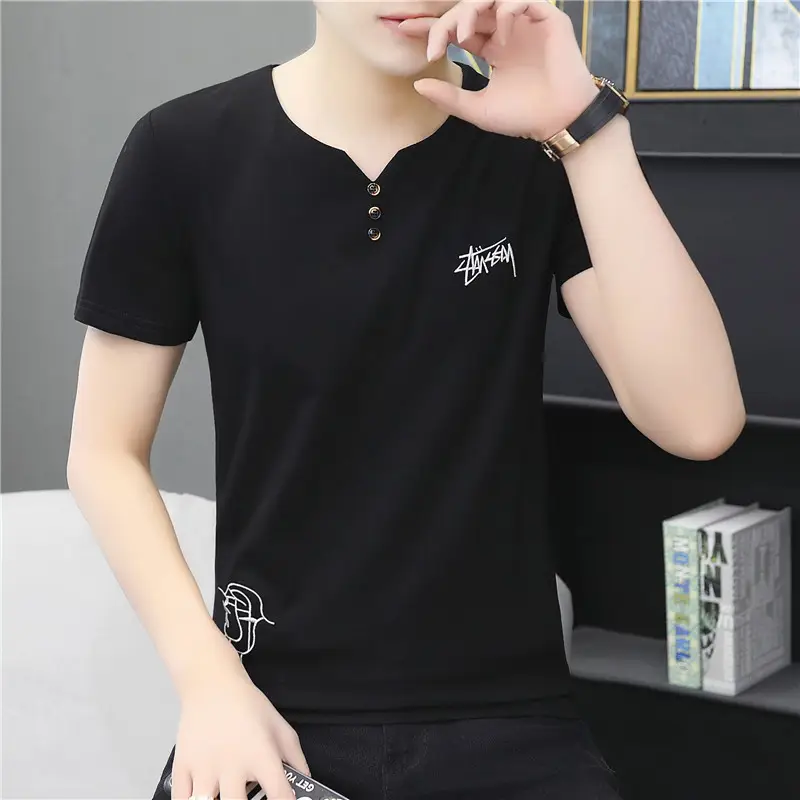Men V-Neck Embroidered T-Shirt White Grey
