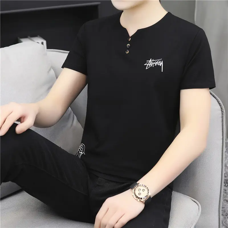 Men V-Neck Embroidered T-Shirt White Grey