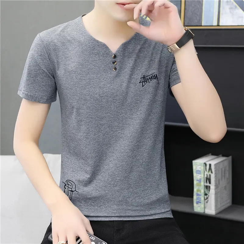 Men V-Neck Embroidered T-Shirt White Grey
