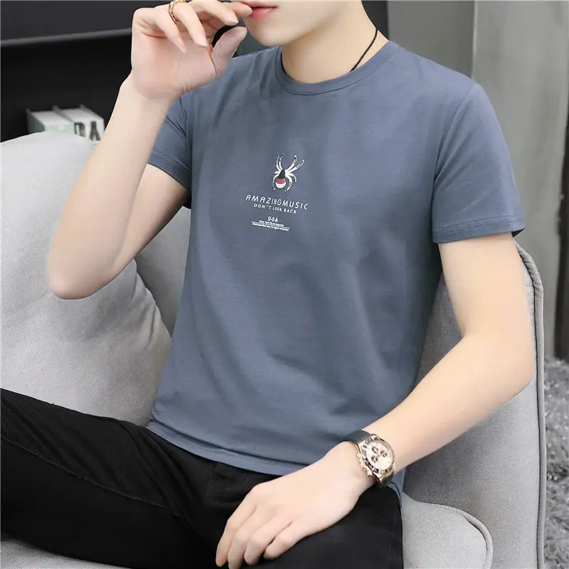 Men Cotton Round Neck T-Shirt Grey Black Wholesale