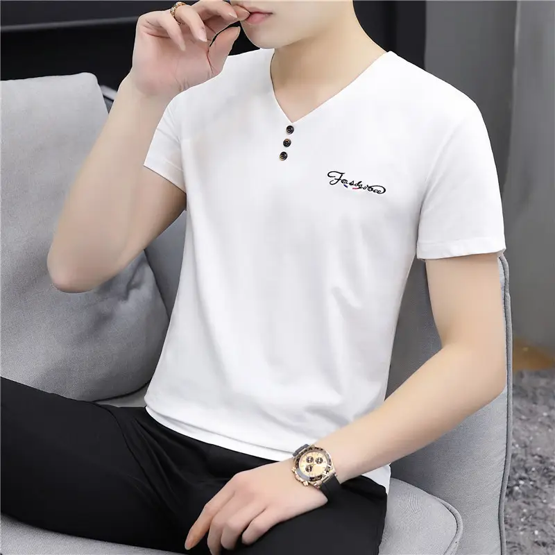 Men Cotton V Neck T-Shirt White Casual
