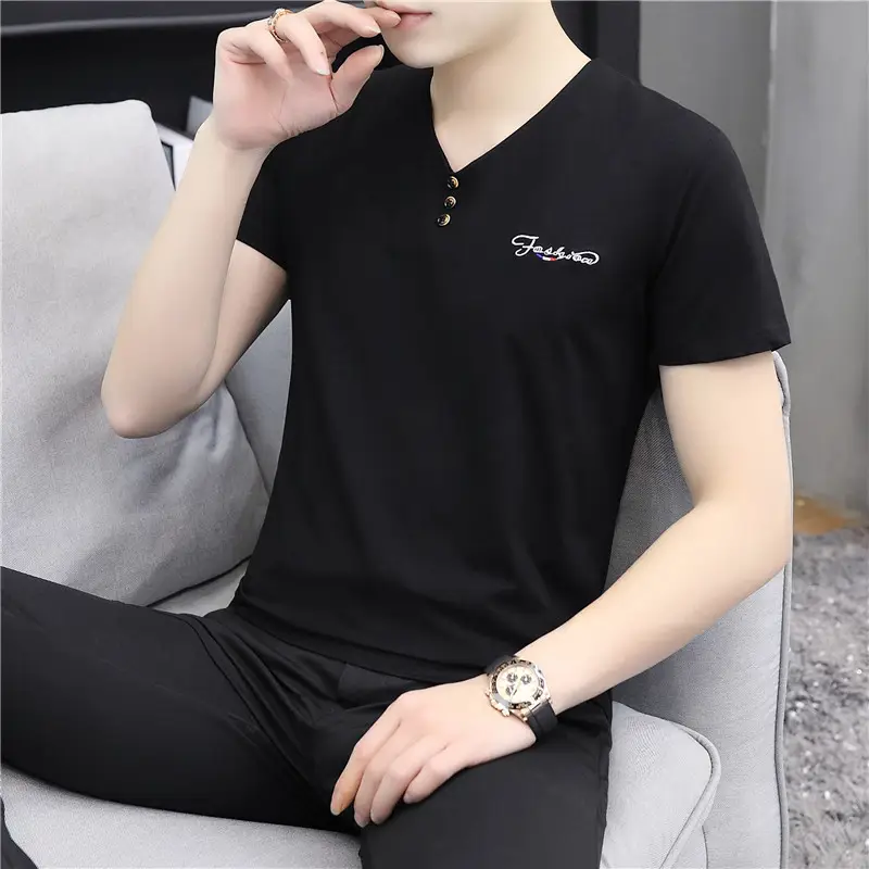 Men Cotton V Neck T-Shirt White Casual