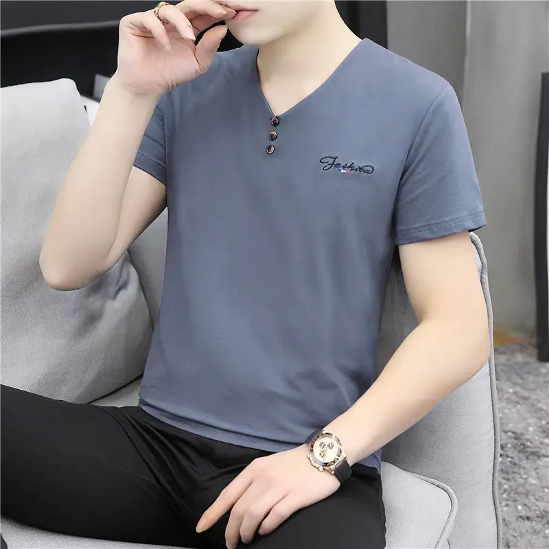 Men Cotton V Neck T-Shirt White Casual