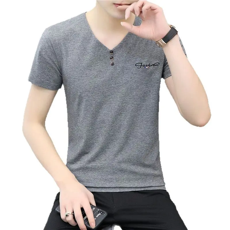 Men Cotton V Neck T-Shirt White Casual