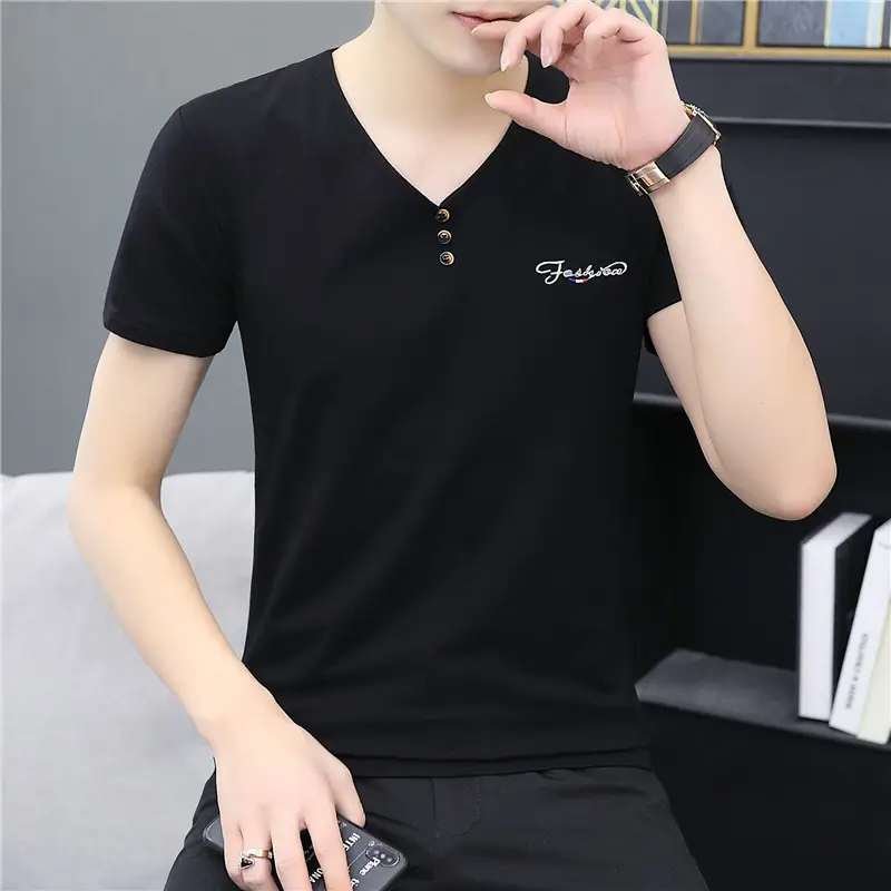 Men Cotton V Neck T-Shirt White Casual
