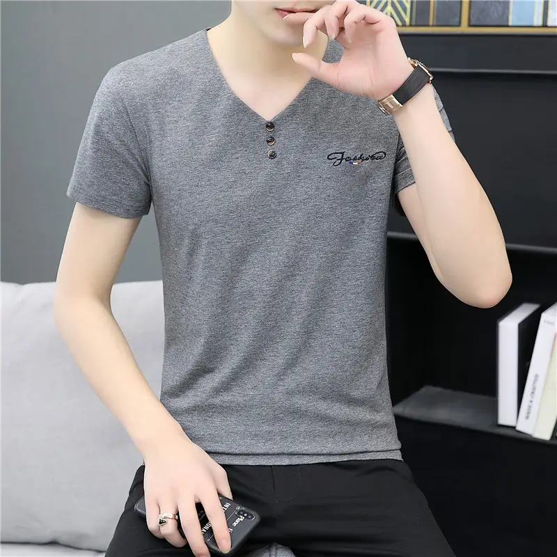 Men Cotton V Neck T-Shirt White Casual