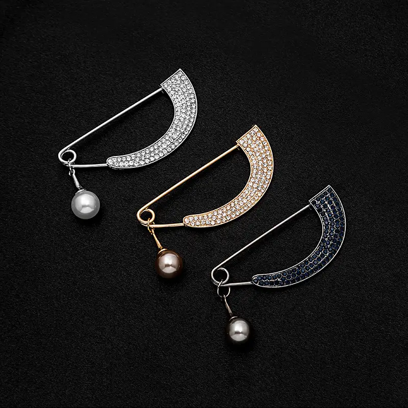 Curved Pearl Brooch Pin with Full Diamond Design - Image 5
